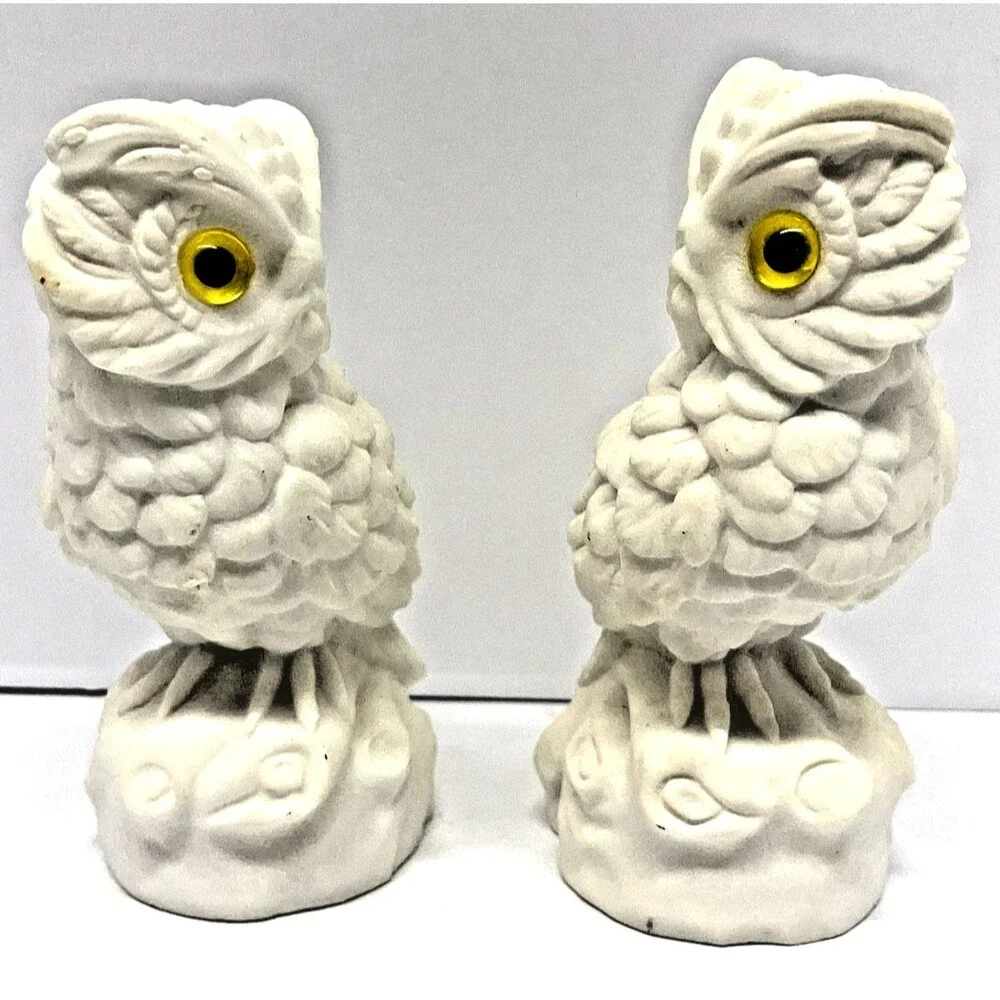 2 Vintage White Alabaster Horned Owl Figurines 5” w/ Yellow Eyes - Made in Italy